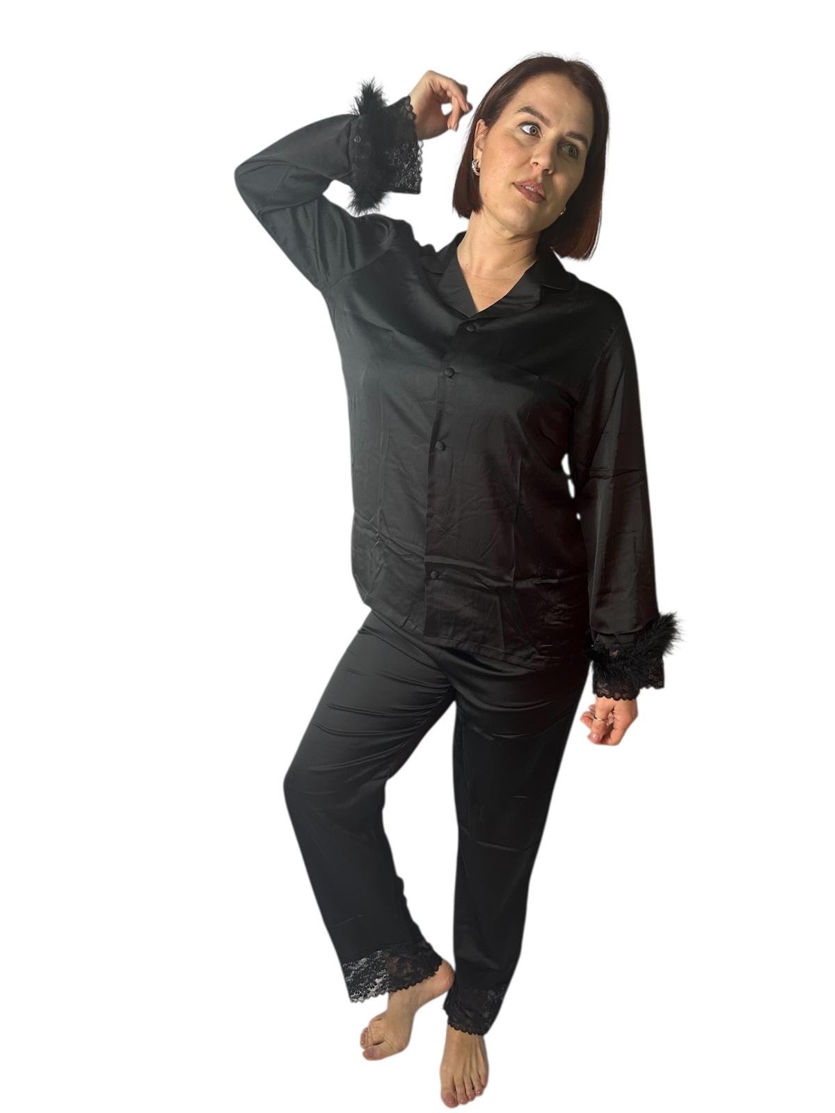 Pigiama SATIN in raso con Rifiniture in Piuma e Pizzo - immagine 4