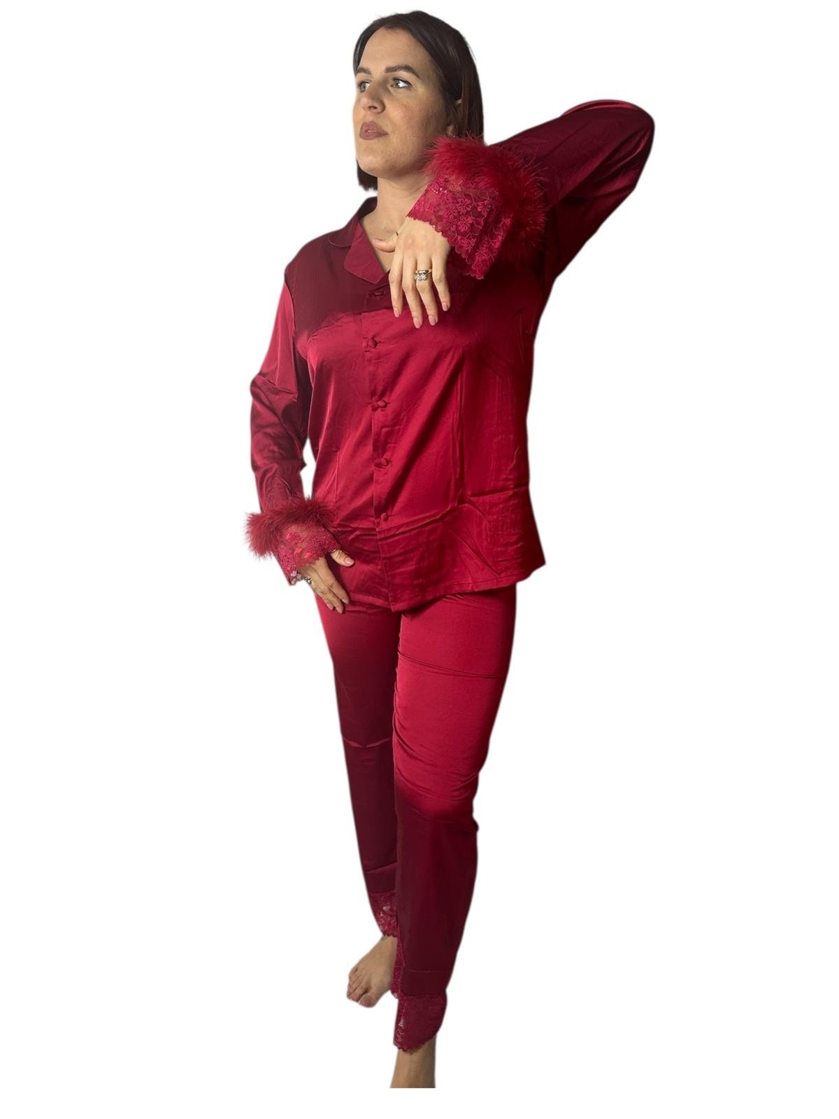 Pigiama SATIN in raso con Rifiniture in Piuma e Pizzo - immagine 3