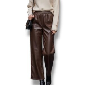 Pantaloni Ecopelle a Gamba Larga con Vita Elasticizzata