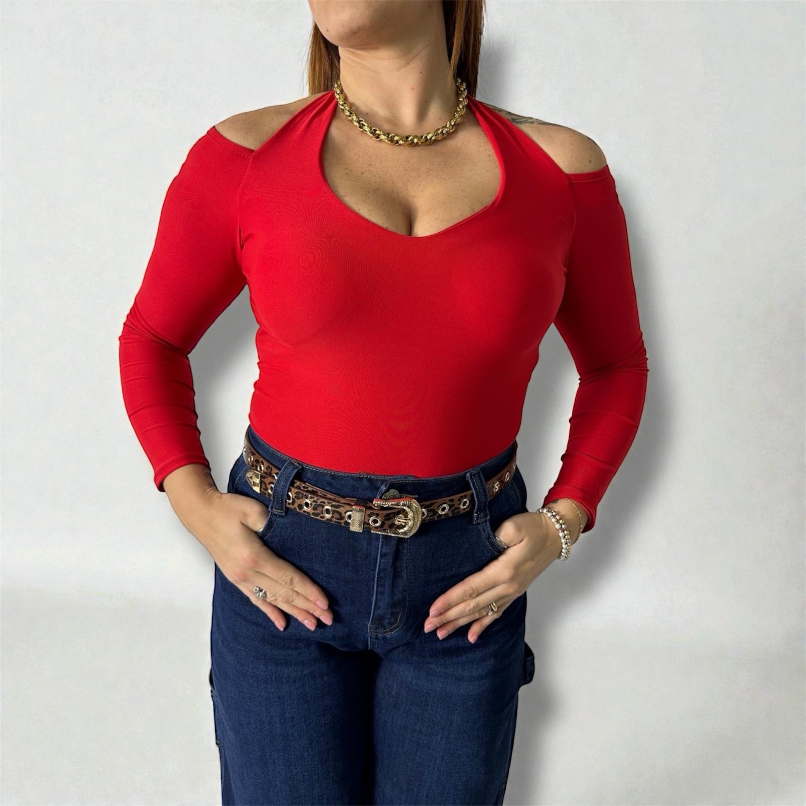 Body Elegante Halterneck Manica Lunga e Spalle Nude