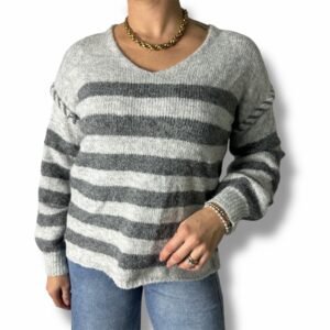 Pullover Rigato Grigio Morbido Oversize Scollo a V e Maniche a Palloncino