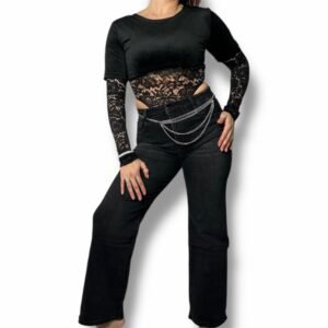 Body Elegante a Maniche Lunghe in Pizzo Trasparente e Tessuto Crop Effetto Velluto